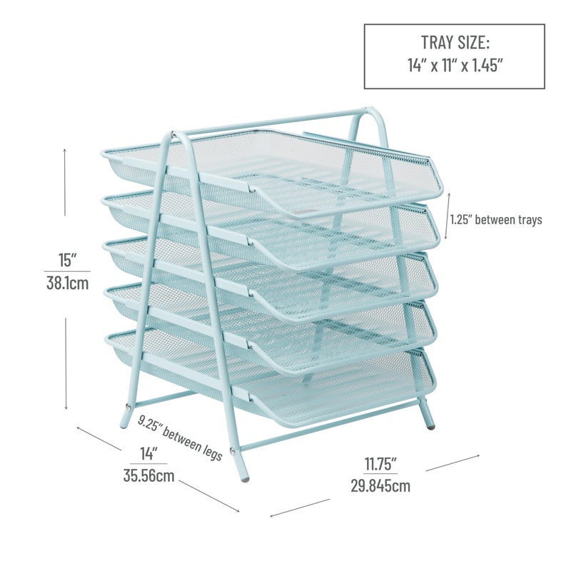 Mind Reader 5-Tier Paper Tray, Desktop Organizer, File Storage, Office, Metal Mesh, 11.75"L x 14"W x 15"H, Blue - Image 3
